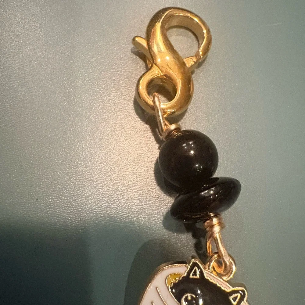 Boutique: Charming Cat Coffee Cup Keychain zipper pull- Black and Gold